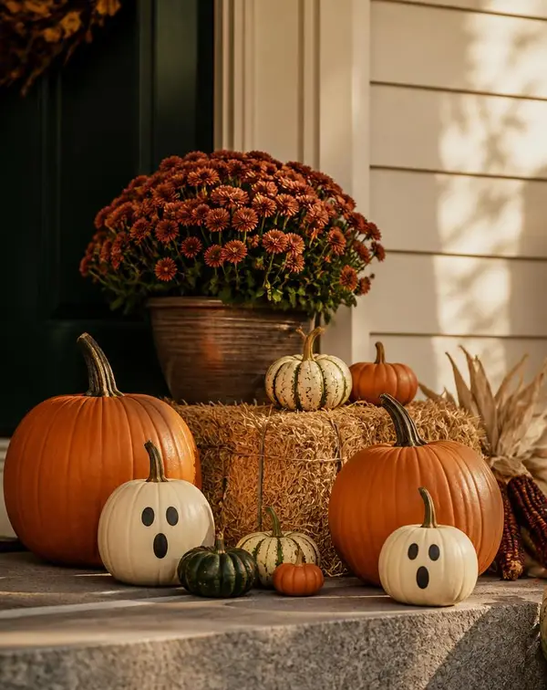 Build Your Own a la carte order Individual pumpkins, a straw bale and a potted mum staged for a build-your-own order