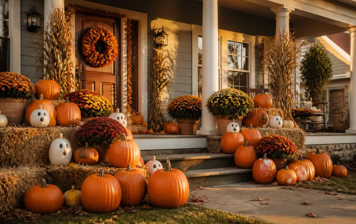 Oklahoma City front porch styled with orange pumpkins, white ghost pumpkins, straw bales and mums