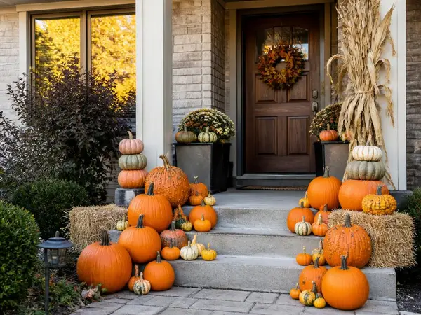 Belle Isle Classic Harvest steps Classic Harvest porch with stacked orange pumpkins and heirlooms on the steps