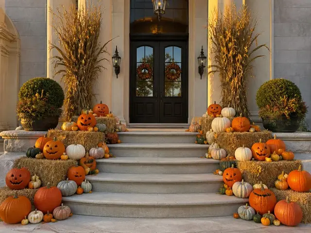Deluxe Display fall porch display with pumpkins delivered in Oklahoma City
