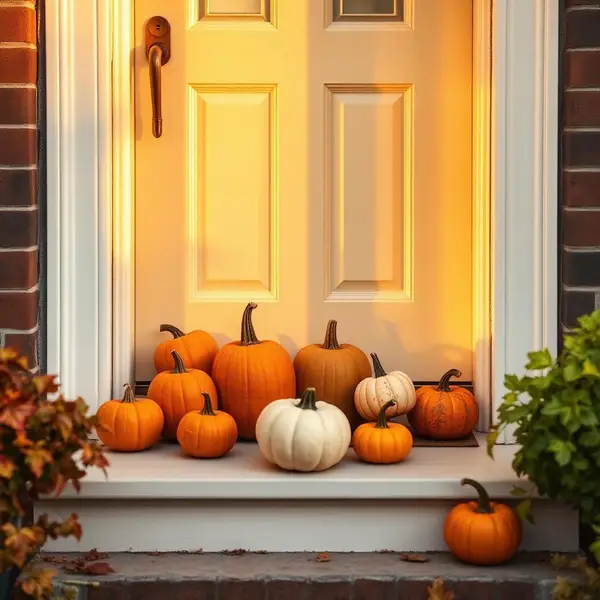 Porch Taste classic cluster Cluster of orange jack pumpkins and pie pumpkins on a doormat