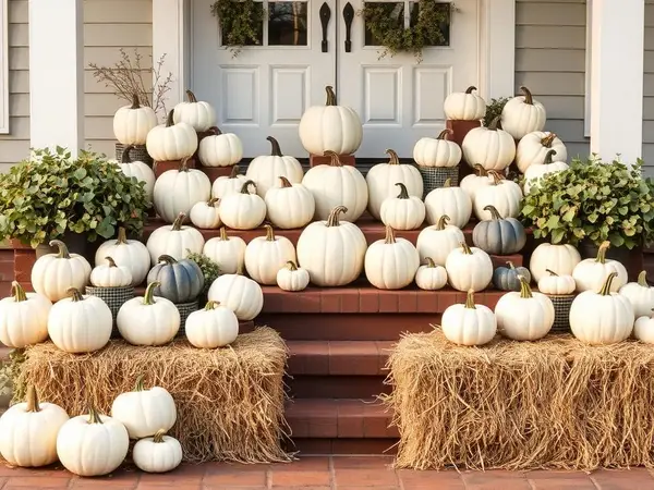 Midtown Neutral Deluxe columns Neutral deluxe porch with white pumpkins, lanterns and corn stalk bundles