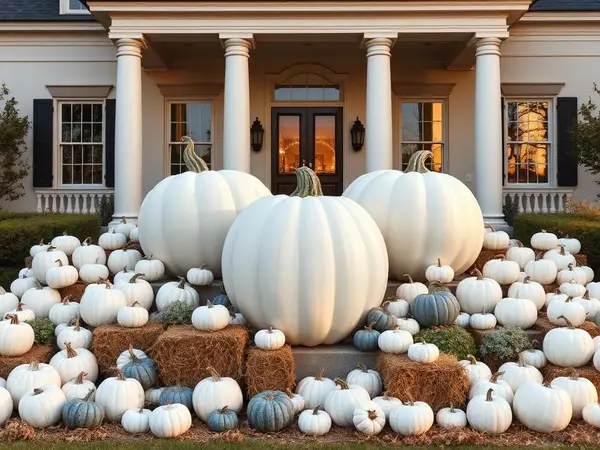 Quail Creek Neutral Grand Estate Large neutral display with ghost pumpkins cascading down wide steps